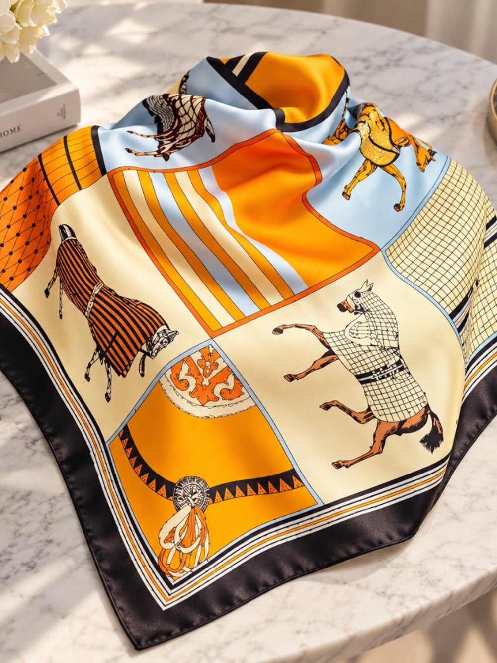 Equestrian Print Satin Scarf Orange Blue Cream Square Neck Scarf